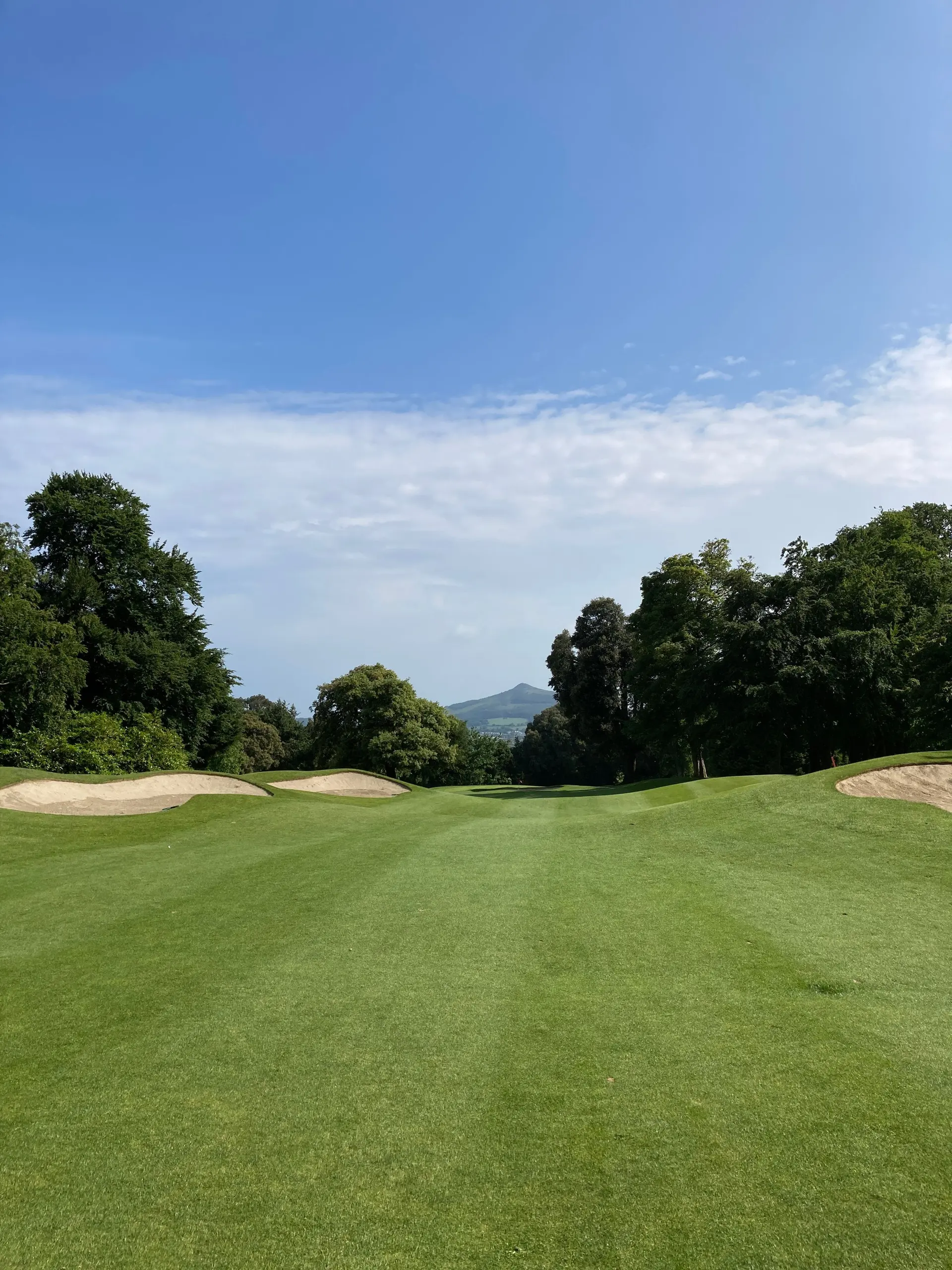 A wide green golf course fairway lined with trees under a clear blue sky.