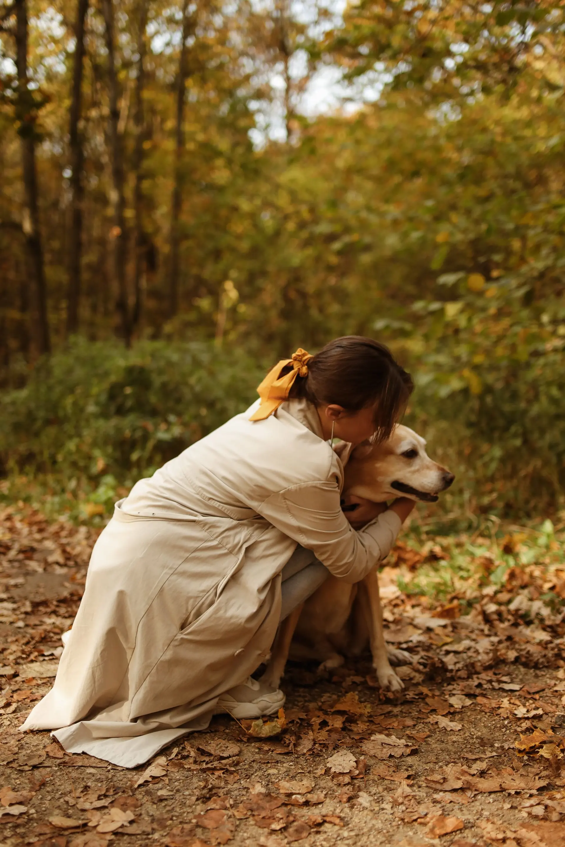 A person kneels in a sunlit field with both arms wrapped around a large dog.